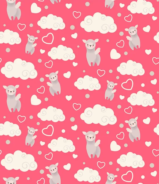 Nahtloses Muster mit niedlichen geflügelten Lamas, Wolken und Herzen. kindliche Textur für Tapeten, Verpackungen und Textilien — Stockvektor