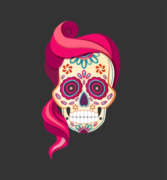 Estilo plano Día de la hembra Cráneo de Azúcar Muerto con Pelo Rosa. Corte de papel Calavera vector ilustración — Vector de stock