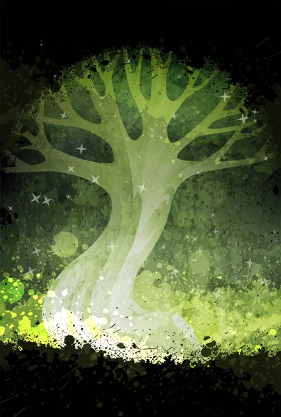 Magisk surrealistisk træ om natten. Grunge vektor illustration. Passer til plakat eller baggrund vektorgrafik