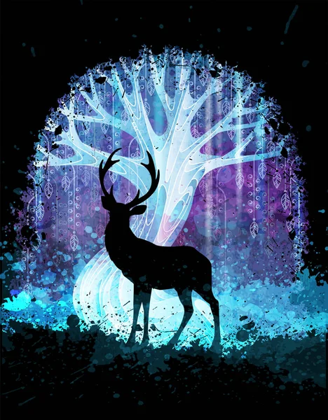Hjorte silhuet foran magiske surrealistisk træ i natten. Grunge vektor illustration. Passer til plakat eller baggrund Royaltyfrie stock-vektorer