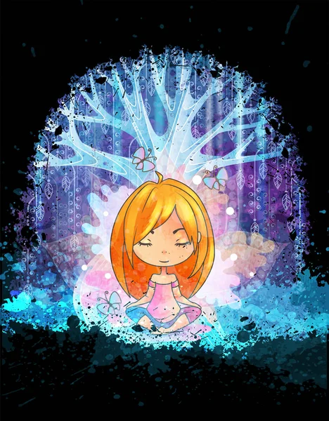 Cute little girl meditating in front of magic surreal tree. Grunge vector illustration. Suits for poster or book cover Vector Graphics