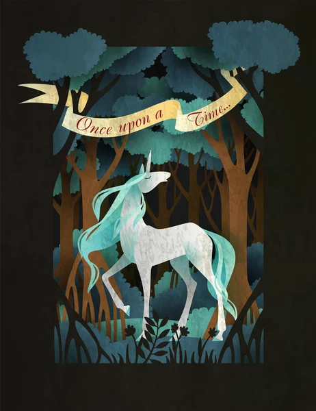 마법의 숲 앞 유니콘. 동화 책 표지 또는 포스터 템플릿 — 스톡 벡터