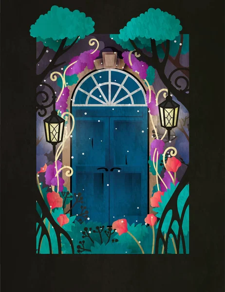 妖精の森の魔法の木製のドア。木々、ランプ、花に囲まれた2つのレトロなスタイルのドア。ブックカバー、モチベーションポスターやグリーティングカードテンプレート — ストックベクタ