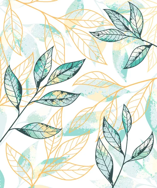 Goldene und grüne Blätter Muster. handgezeichneter Vektor-Hintergrund — Stockvektor