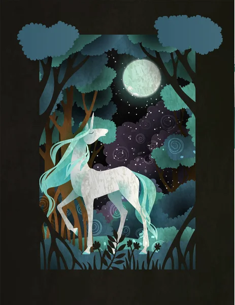 Unicorn in front of magic forest. Fairy tale book cover or poster template — Stock Vector