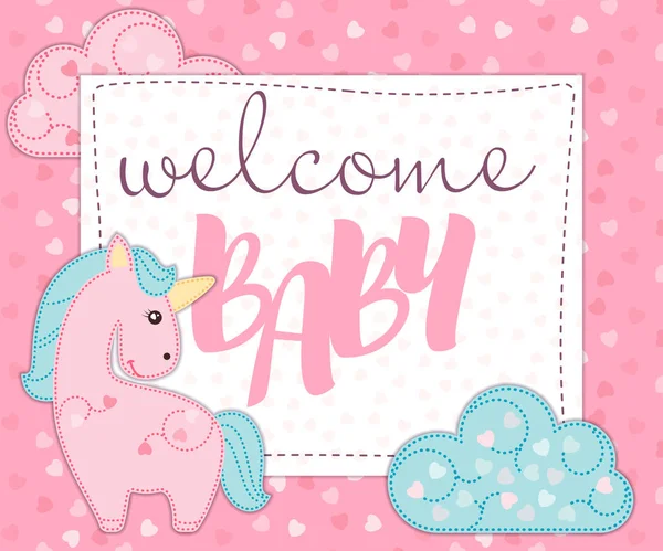 Tebrik kartı veya yeni doğan kız bebek kutlama için davetiye. Bebek kız için sevimli tek boynuzlu at ile Bebek duş davetiye kartı şablonu. — Stok Vektör