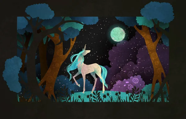 Einhorn vor Zauberwald, Nachthimmel und Mond. Märchenhafte Illustration — Stockvektor