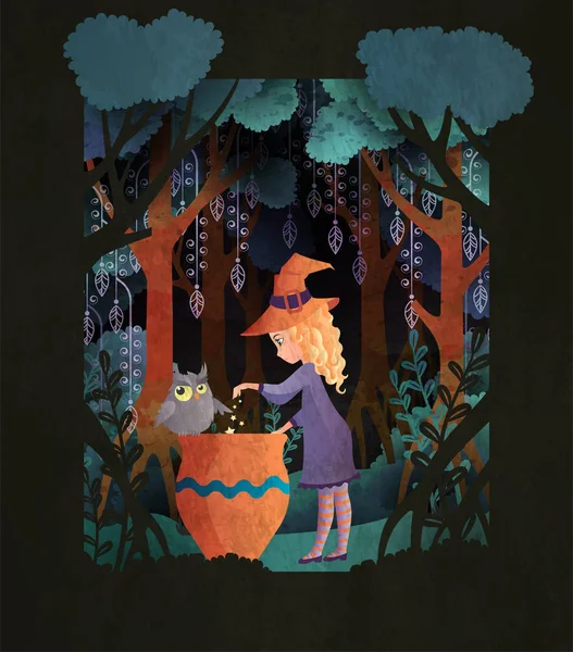 Witch with a cauldron in scary night forest. Fairy tale book cover or Halloween poster template — Stock Vector