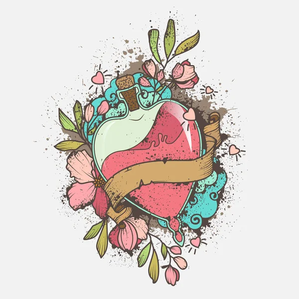 Poção de amor ou frasco arquivado com rosa líquido colorido decorado com flores, folhas e com fita para texto. Tatuagem desenhada à mão, cartaz ou design de emblema — Vetor de Stock