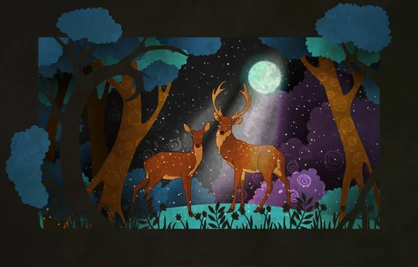 밤 숲 앞에서 사슴의 부부. 동화 그림 또는 포스터 디자인. — 스톡 벡터
