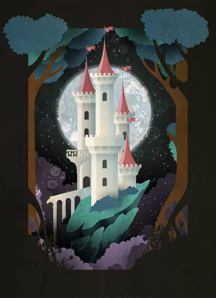 Castillo blanco frente al cielo nocturno y la luna. Ilustración de cuento de hadas. Portada del libro, diseño de póster o postal — Archivo Imágenes Vectoriales