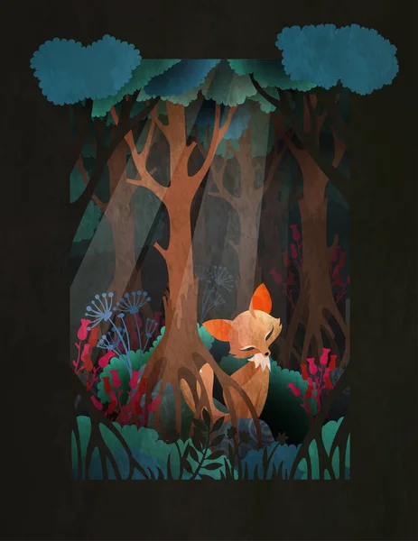 Χαριτωμένο κόκκινη αλεπού κάθεται στο δάσος εικόνα παραμυθιού, ευχετήρια κάρτα ή σχεδίαση πόστερ — Διανυσματικό Αρχείο
