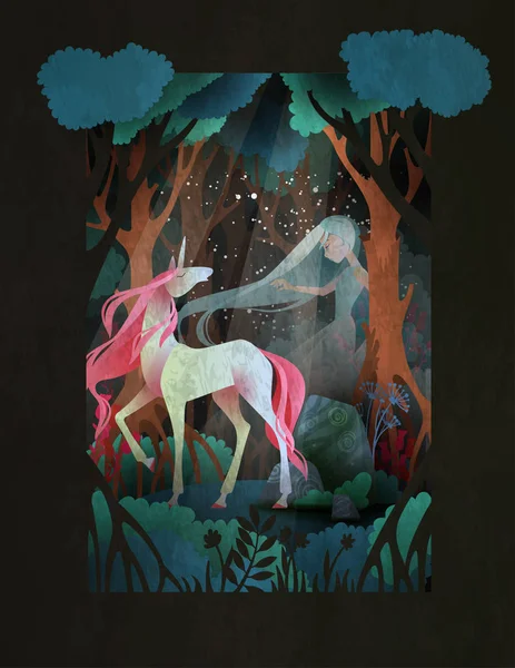 年轻女子和独角兽在夜森林前,童话插图 — 图库矢量图片