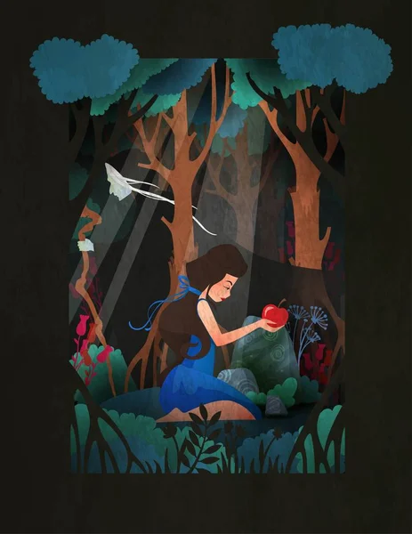 Girl in Snow White kostium siedzi przed lasem z czerwonym jabłkiem. Baśń wektor ilustracji — Wektor stockowy