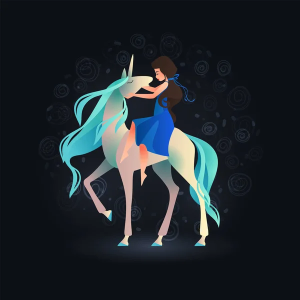 Gyönyörű lány kék ruhában lovaglás, fehér Egyszarvú — Stock Vector