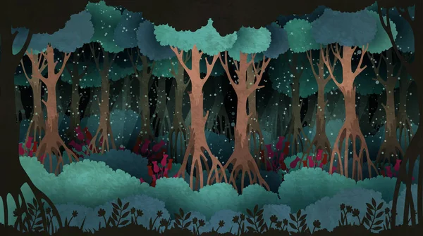 Fond de forêt de conte de fées. Vieils arbres entourés de lucioles dans la nuit . — Image vectorielle