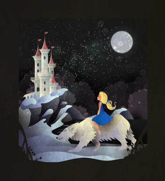 Saga illustration flicka rida isbjörn framför Winter Castle — Stock vektor