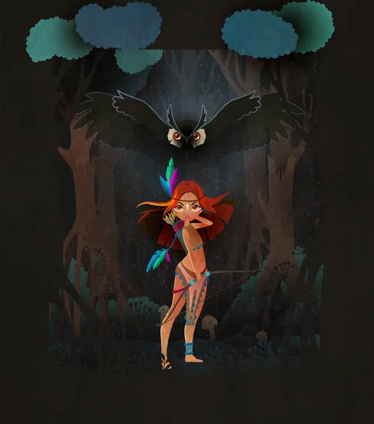 飛ぶフクロウと夜の森の前に立って弓を持つかわいい女の子のハントレス。おとぎ話のイラスト — ストックベクタ