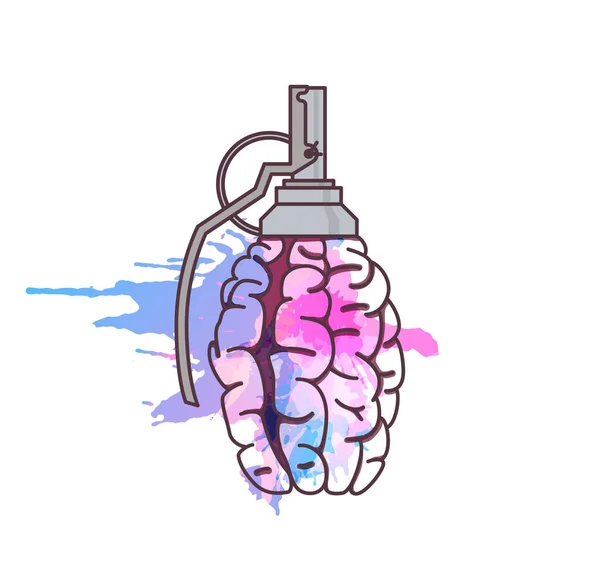 Grenade Shaped Brain Colorful Grunge Splashes Mental Health Brainstorm Concept — Stock Vector