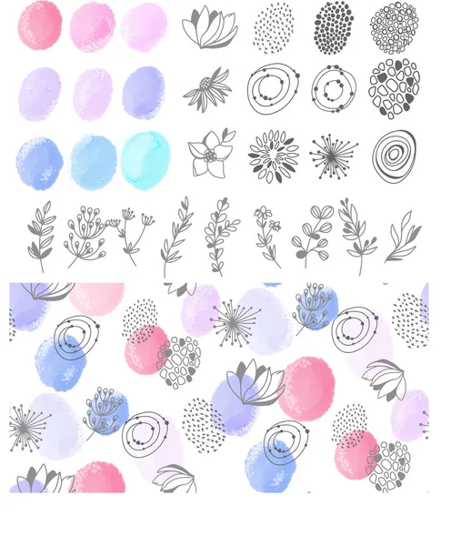 Design Elements Set Watercolor Spots Doodles Flowers — Stock Vector