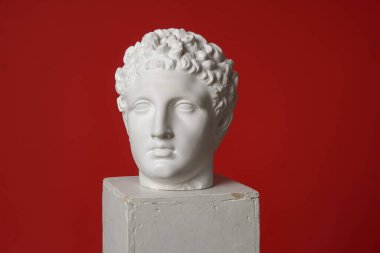 Kırmızı arka planda bir fotoğraf stüdyosundaki bir Appalon 'un beyaz alçı başlığı. Stüdyo fotoğrafçılık.