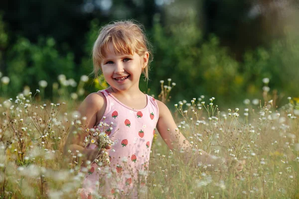 Menina doce em um prado com flores selvagens da primavera — Fotografia de Stock