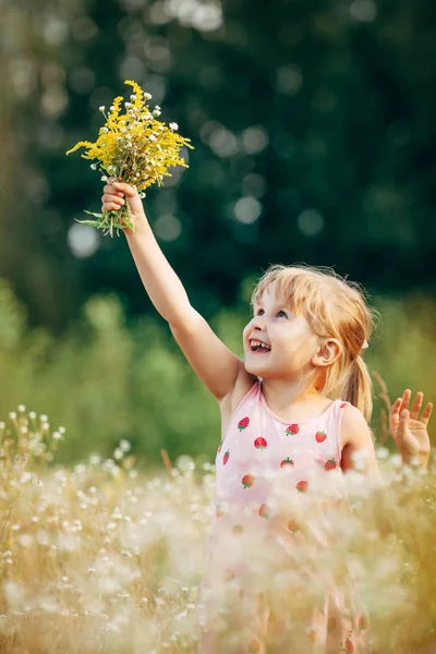 Słodkie dziewczynki w łąka z dzikich wiosennych kwiatów — Zdjęcie stockowe