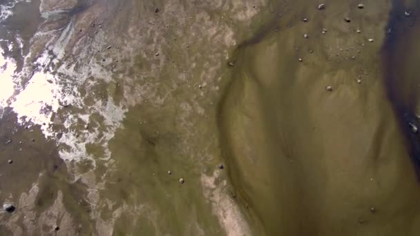 Vista aérea de um rio de montanha no norte da Rússia. Superação de um drone sobre águas rasas. O reflexo do sol na água . — Vídeo de Stock