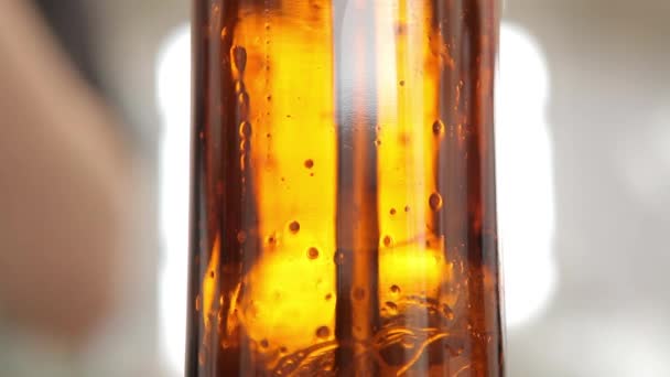 Na cervejaria, a garrafa está cheia de cerveja. Close-up . — Vídeo de Stock