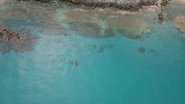 Vista aérea de la costa del mar. Olas salpicando cerca de una playa de piedra. Agua azul clara . — Vídeos de Stock