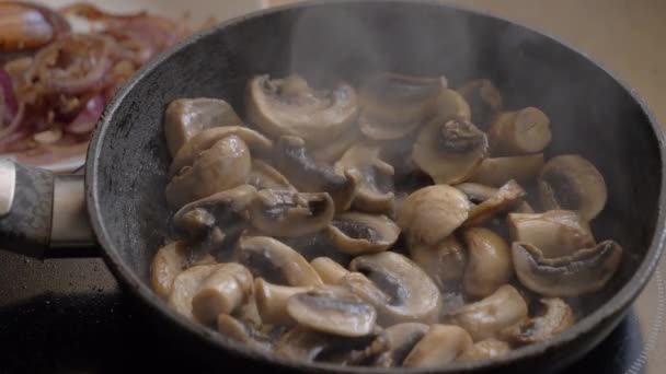 Champignons werden in einer Pfanne gebraten. Dampf steigt auf. — Stockvideo