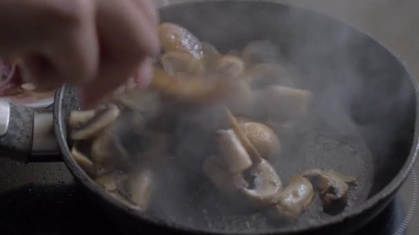 A gombákat serpenyőbe keverik a sütéshez. — Stock videók