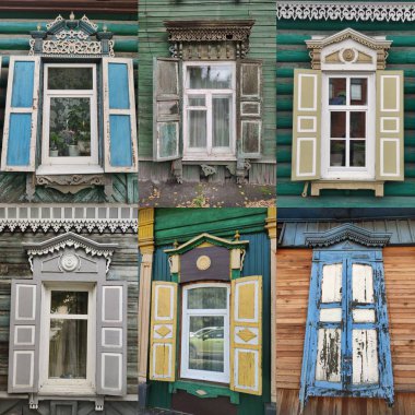Irkutsk, Rusya - 2 Eylül 2019: Sibirya'nın tarihi merkezinde, eski ahşap evlerin renkli kepenkleri ile altı farklı pencerekolaj. Binaların çoğu kültürel anıtlar.