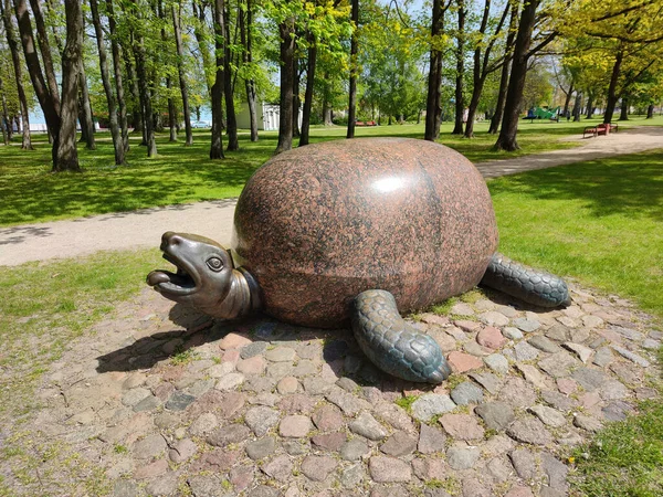라트비아 2020 거북의 몸체가 화강암으로 조각상 마을의 정원에 위치해 — 스톡 사진