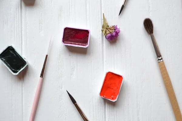 Tools Painting White Wooden Desk Brushes Paper Paints Table Painter — Stock Photo, Image