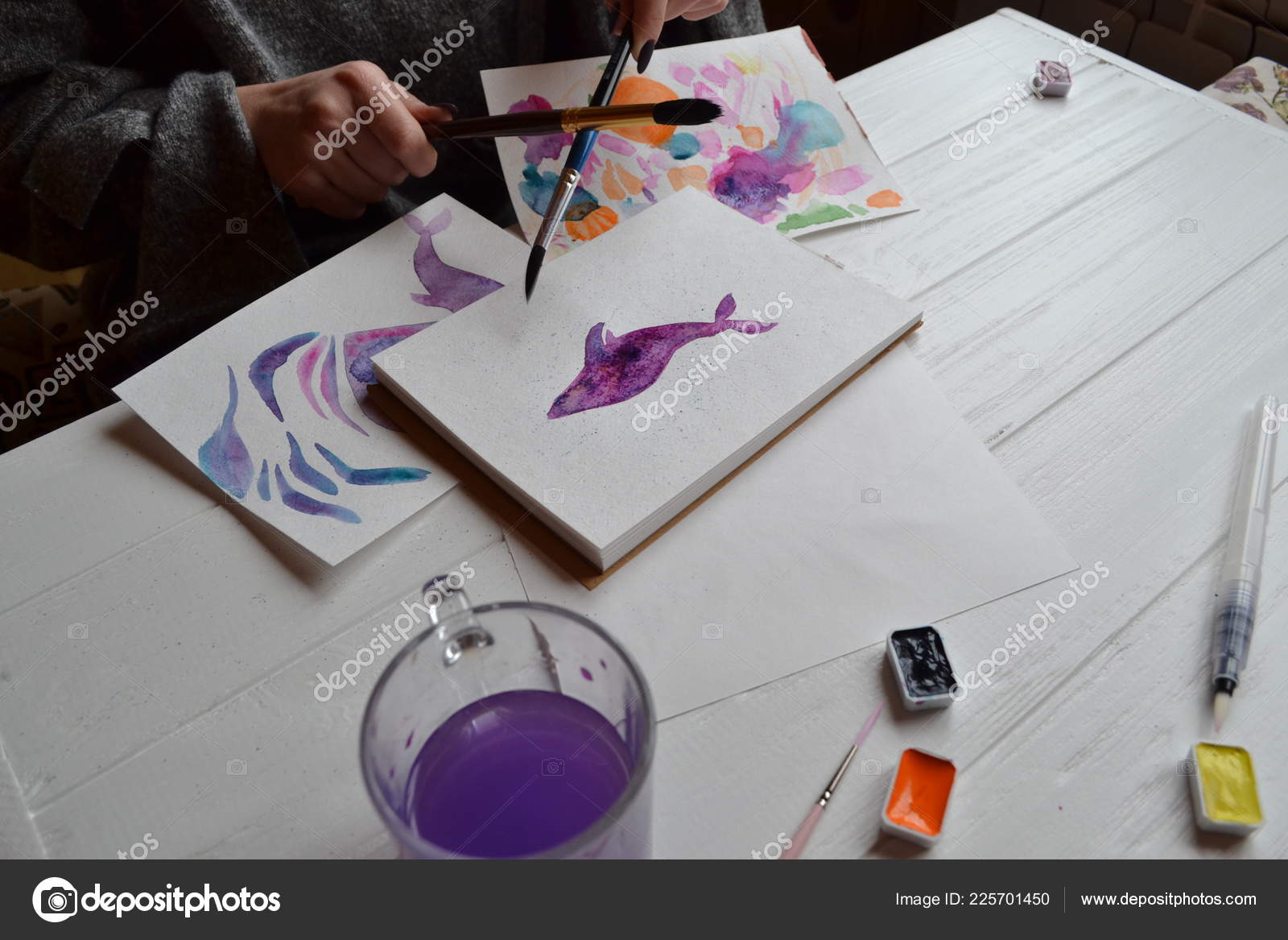 Woman Paints Sketchbook Tools Painting White Wooden Desk Painter