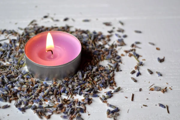 Lavender Flavor Violet Candle Lavender Flowers Lavender Aromatherapy — Stock Photo, Image