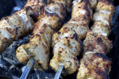 Baharatlar açık ateş üzerinde pişirme et. Barbekü arka plan.