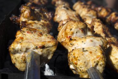 Baharatlar açık ateş üzerinde pişirme et. Barbekü arka plan.