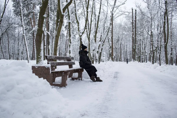 Γυναίκα Που Κάθεται Ένα Παγκάκι Ένα Πάρκο Του Χειμώνα — Φωτογραφία Αρχείου