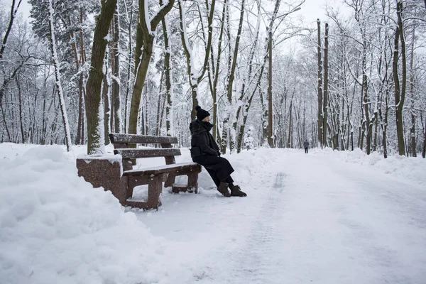 Vrouw Zit Een Bank Een Winter Park — Stockfoto