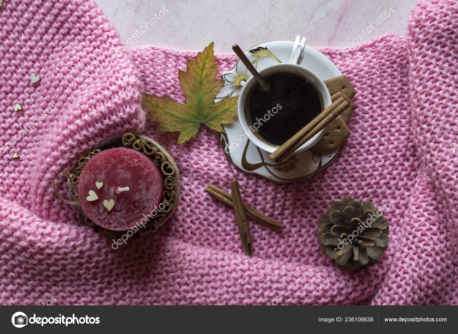 Cup Coffee Cinnamon Home Decor Cozy Flat Lay Stock Photo by ©Natalia