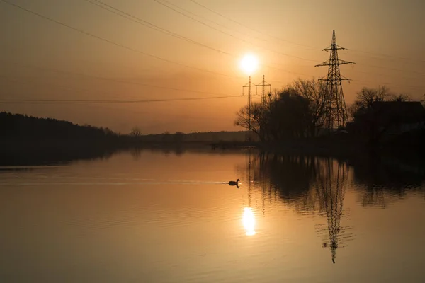 Zonsondergang Landschap Vijver Zonsondergang Tijd Avond Kleur Van Hemel — Stockfoto