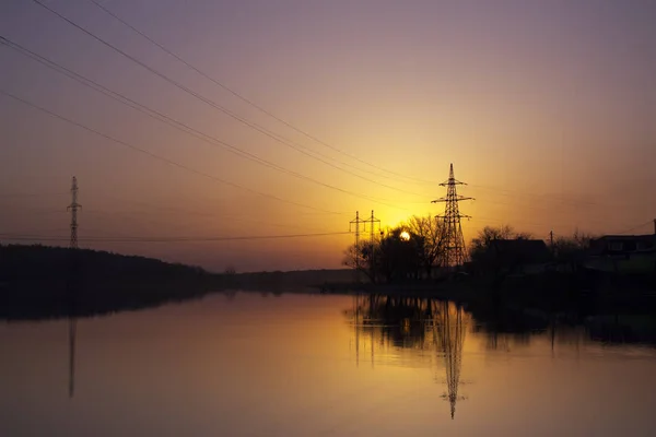 Zonsondergang Landschap Vijver Zonsondergang Tijd Avond Kleur Van Hemel — Stockfoto