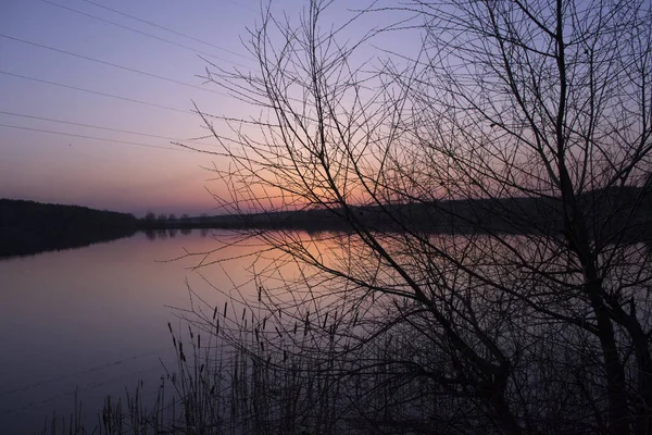 Sonnenuntergangslandschaft Teich Bei Sonnenuntergang Abendfarbe Des Himmels — Stockfoto