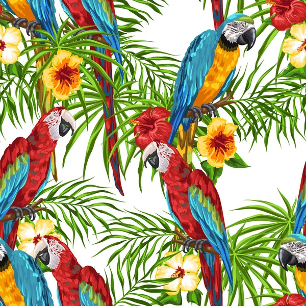 Tropical seamless pattern with parrots. Palm leaves, hibiscus flowers and exotic birds.