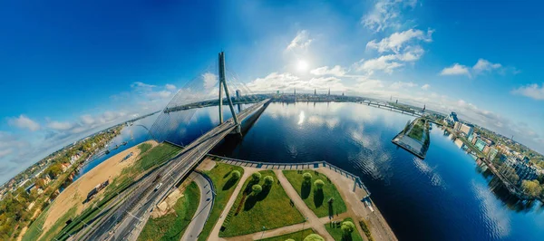 Sphere Planet. Bridge and houses in Riga city, Latvia 360 VR Drone picture for Virtual reality, Panorama — Stock Photo, Image