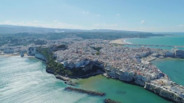 Polignano a Mare Apulia City Sea Coastline white houses ana castle in Italy Drone flight — Stock Video
