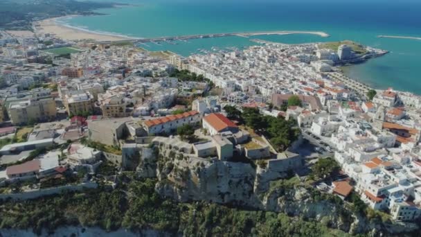 Polignano 在意大利无人机飞行中, 阿普利亚城市海岸线白色房子安娜城堡 — 图库视频影像