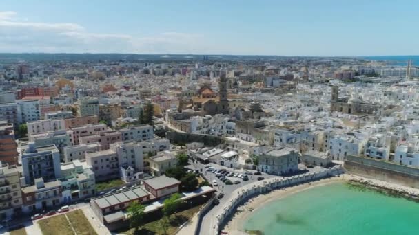 White city Monopoly and blue sea coastline in Italy Drone flight 4k — Stock Video